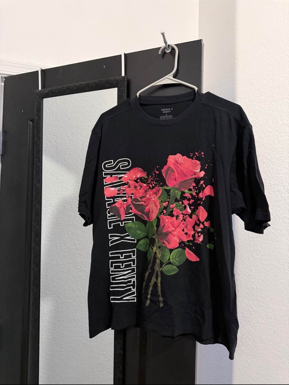 Savage X Fenty Black Tee with Pink Rose Graphic